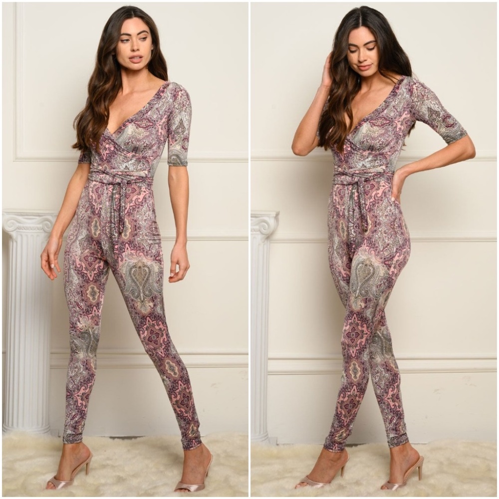 SELF TIE SURPLICE MULTI PRINT JUMPSUIT